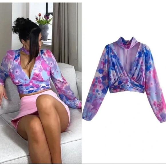 Zara Purple & Blue Floral Long Sleeve V-neck Top Choker Collar Size Large - Picture 9 of 10